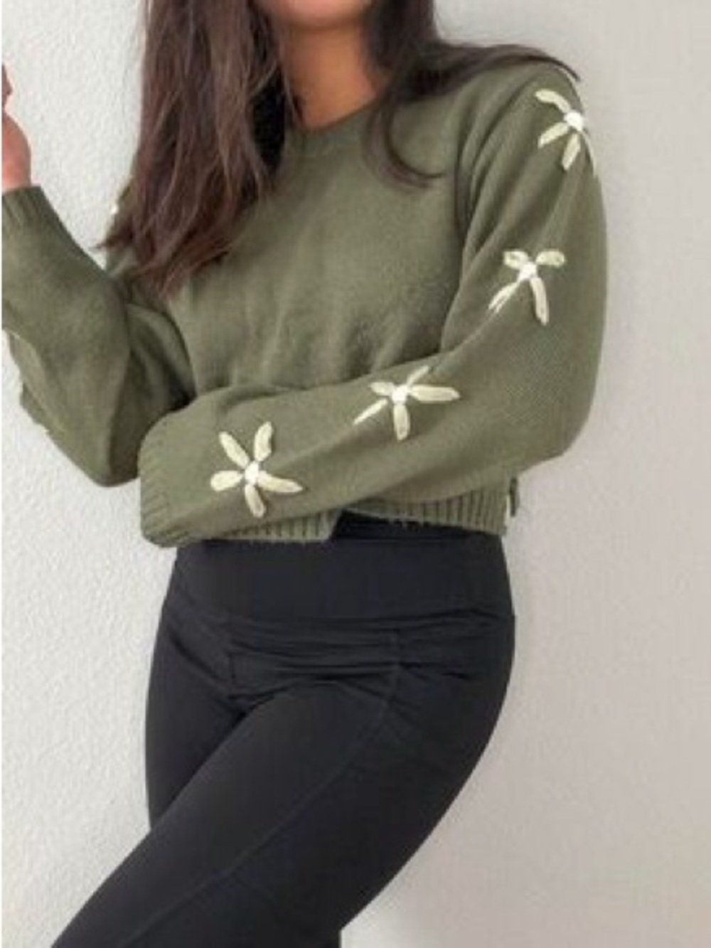 Altar'd State Olive Green Floral Daisy 🌼 Cropped Knit Sweater